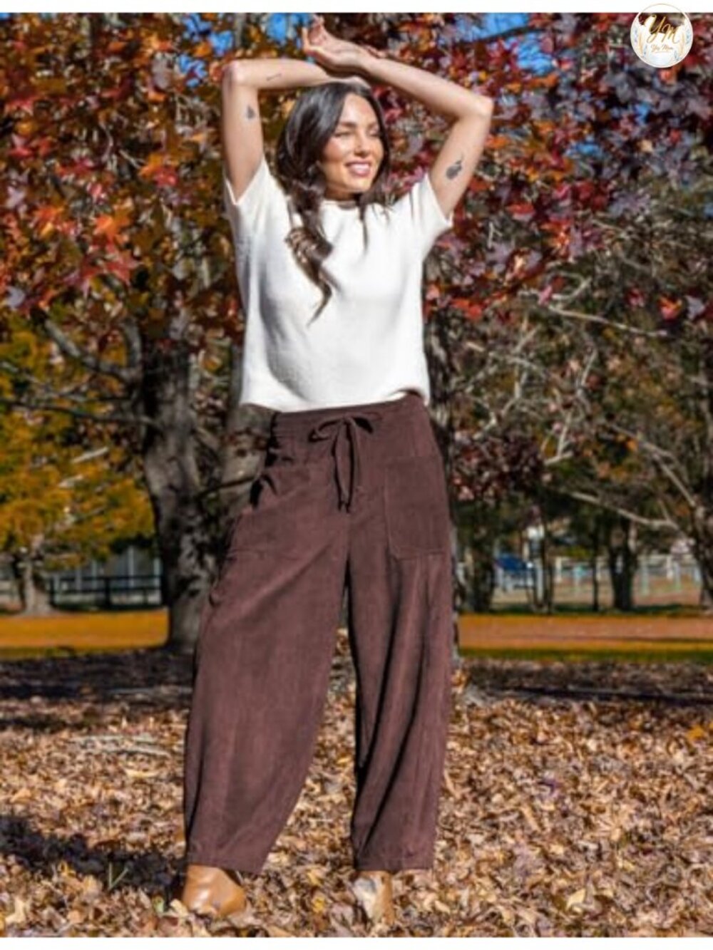 Corduroy High Waist Wide Leg Pants Drawstring Elastic Waist Side Pockets - Picture 2 of 6